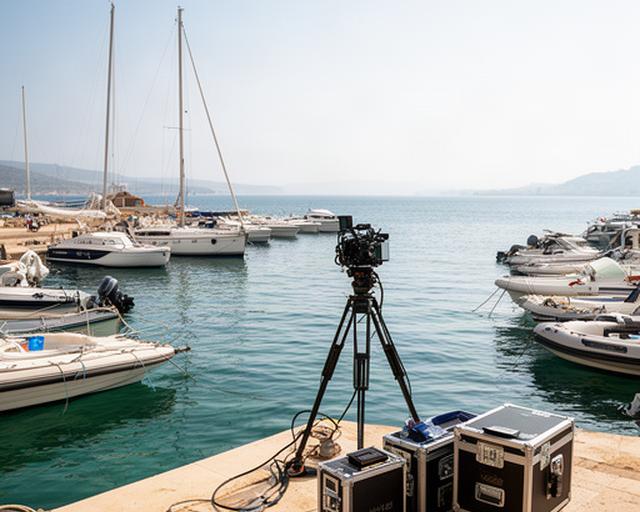 Puerto de Baleares con embarcaciones y horizonte abierto para una producción audiovisual