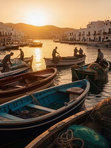 Puerto de Ibiza al atardecer con barcos tradicionales y actividad pesquera
